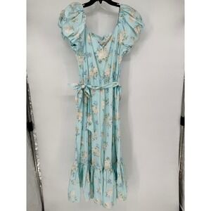 LoveShackFancy x Target Dress Womens 8 Blue NEW Floral Puff Sleeve Midi Belted